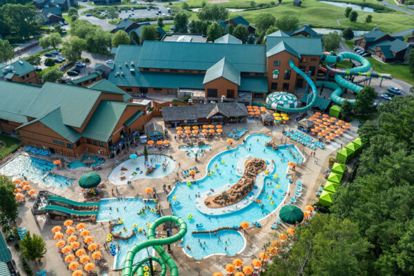 Lake Wilderness Outdoor Waterpark drone shot of waterpark, slides, swimming, are resort for gallery.