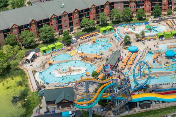 Crocodile Cove island pool at Lost World Outdoor Waterpark at Glacier Canyon Lodge