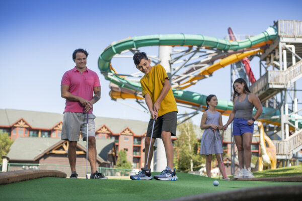 Lost World Jurassic Outdoor Mini Golf located just off the Lost World Outdoor Waterpark at Glacier Canyon Lodge