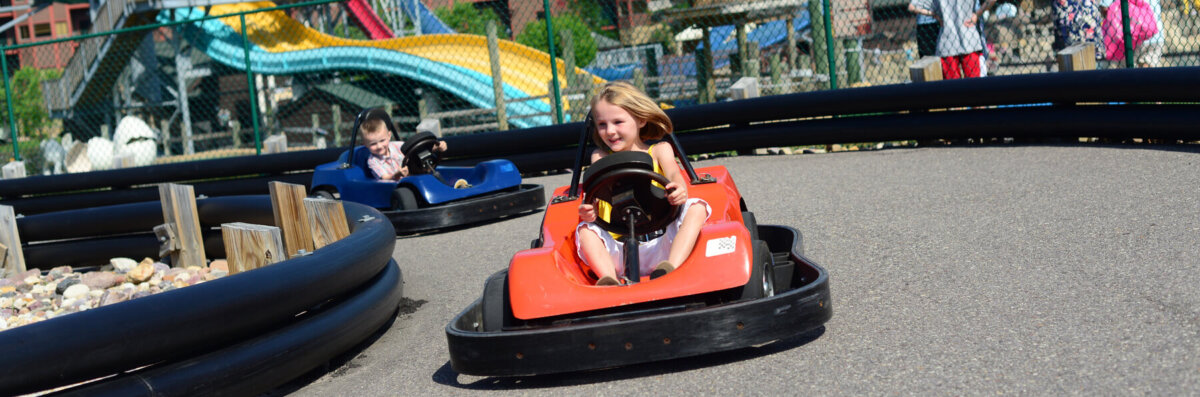 Lost World Jurassic Outdoor Go-Karts & Kiddy Karts located just off the Lost World Outdoor Waterpark at Glacier Canyon Lodge