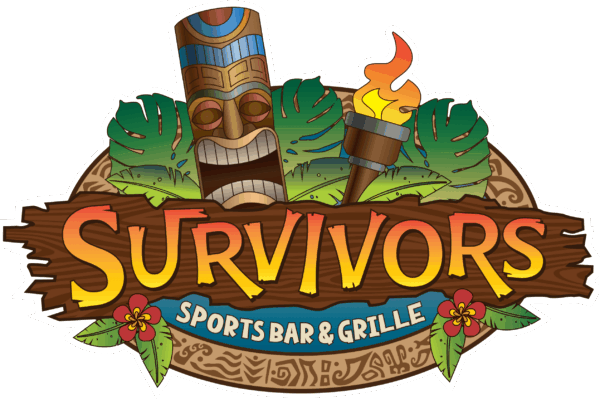 Survivors Sports Bar & Grille at Wilderness Resort in Wisconsin Dells. Tropical themed design logo with plants, torch, and Tiki mask.