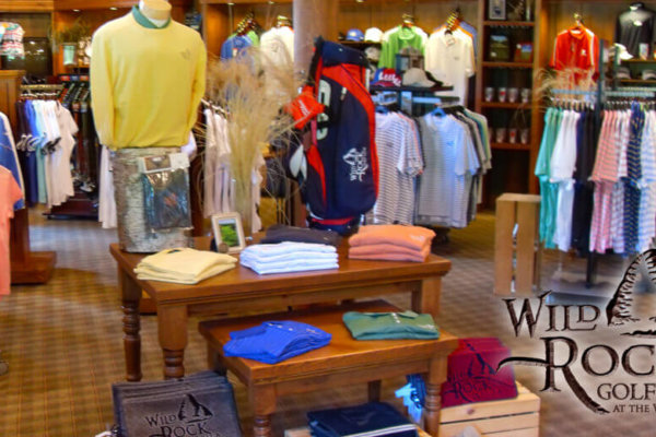 wild rock golf club at the wilderness. the golf shop with golf polos and outerwear