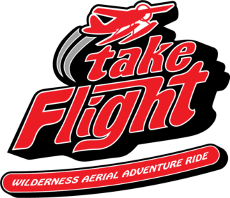 Take Flight logo for Wilderness Resort website, attraction, specials, and holiday pages. Take Flight logo includes a water-amphibious Cessna plane outline flying over the text