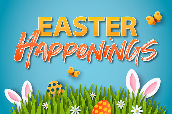 Illustration of grass with flowers, Easter eggs, and two bunnies hiding. Text that reads 