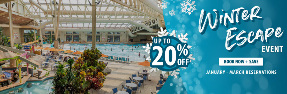 Indoor water park with people enjoying a large wave pool, surrounded by tropical plants and lounge chairs. Text overlays promote Up to 20% off Winter Escape Event at Wilderness Resort.