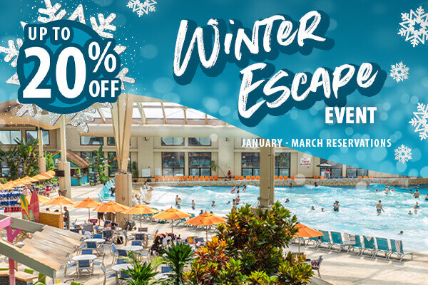 Indoor water park with people enjoying a large wave pool, surrounded by tropical plants and lounge chairs. Text overlays promote Up to 20% off Winter Escape Event at Wilderness Resort.