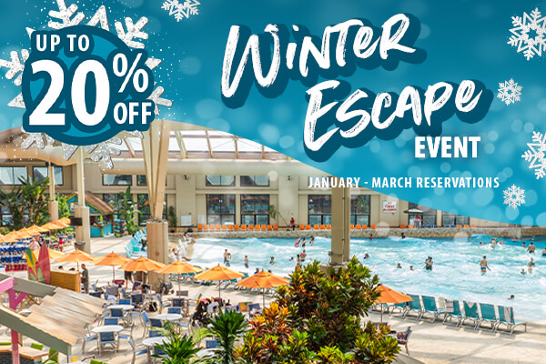 Indoor water park with people enjoying a large wave pool, surrounded by tropical plants and lounge chairs. Text overlays promote Up to 20% off Winter Escape Event at Wilderness Resort.