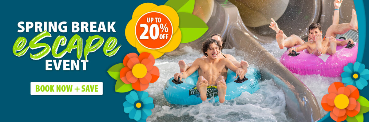 Promotional banner for a Spring Break Escape Event offering up to 20% off. Image shows people riding inner tubes down a water slide. A button reads 