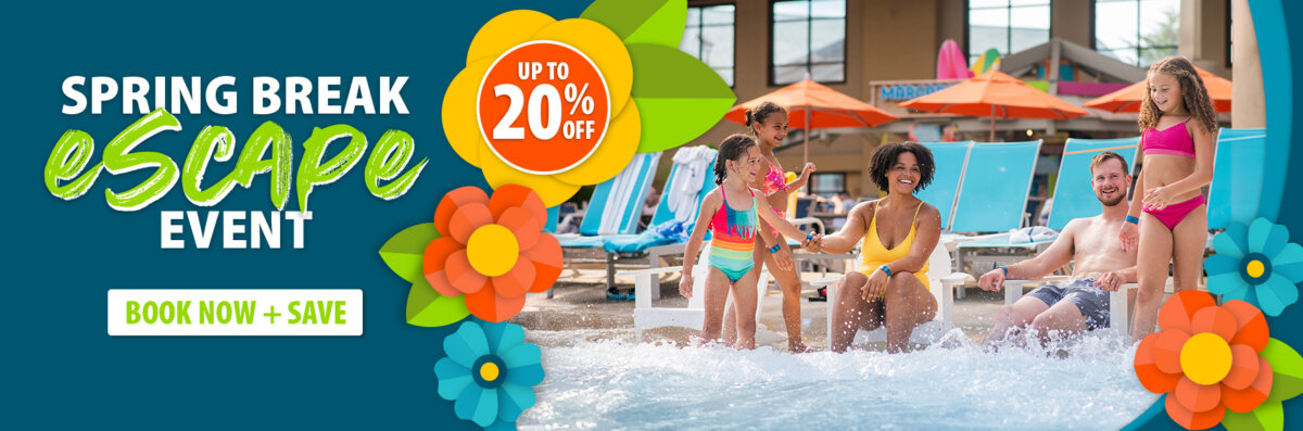 Promotional banner for a Spring Break Escape Event offering up to 20% off. Image shows a family with adults and children sitting and playing together at the edge of a pool in an indoor water park, with lounge chairs and umbrellas in the background. A button reads 