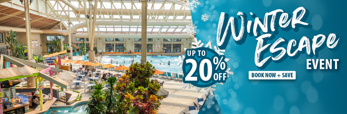 Indoor water park with a large wave pool, tropical plants, lounge chairs, and colorful seating under a glass ceiling. Promotional text reads “Winter Escape Event,” “Up to 20% Off,” and “Book Now + Save” on a blue, winter-themed graphic.