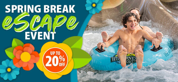 Promotional banner for a Spring Break Escape Event offering up to 20% off. The image shows people riding inner tubes down a water slide.