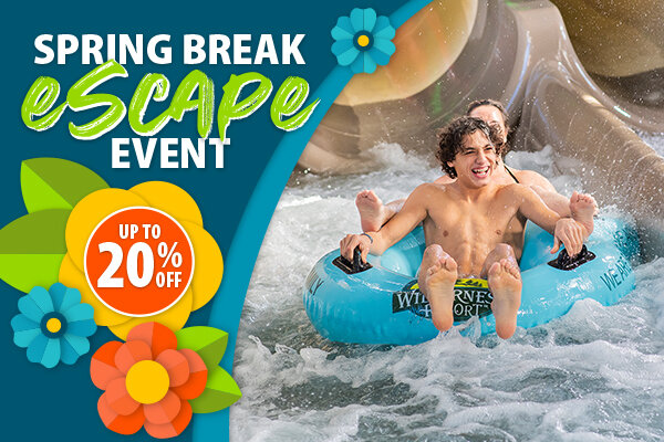 Promotional banner for a Spring Break Escape Event offering up to 20% off. The image shows people riding inner tubes down a water slide.