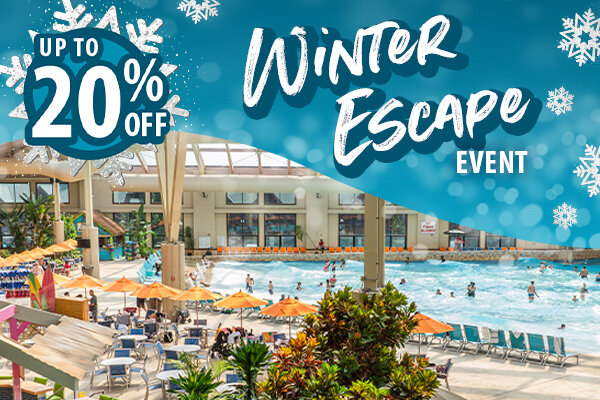 Indoor water park with a large wave pool, tropical plants, lounge chairs, and colorful seating under a glass ceiling. Promotional text reads “Winter Escape Event,” “Up to 20% Off,” and “Book Now + Save” on a blue, winter-themed graphic.