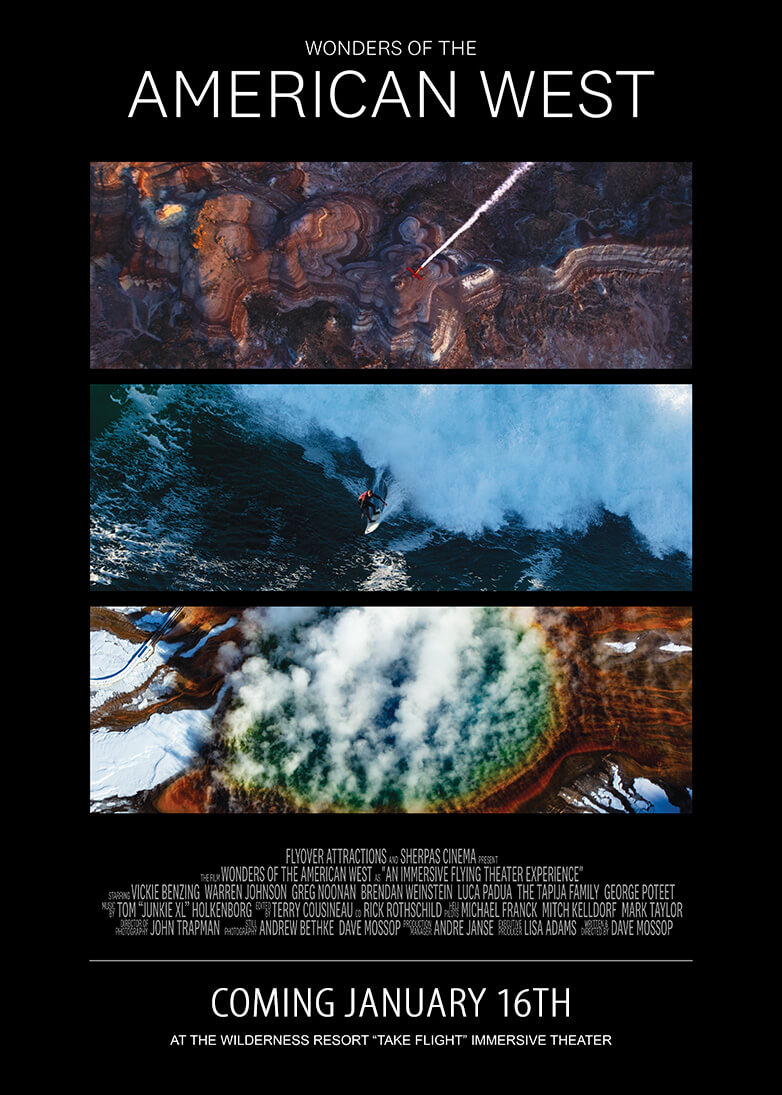 Wonders of the American West Coming January 16th to Take Flight. The movie poster shows three vistas and the date it will be available. For linking to movie page on Take Flight Website.