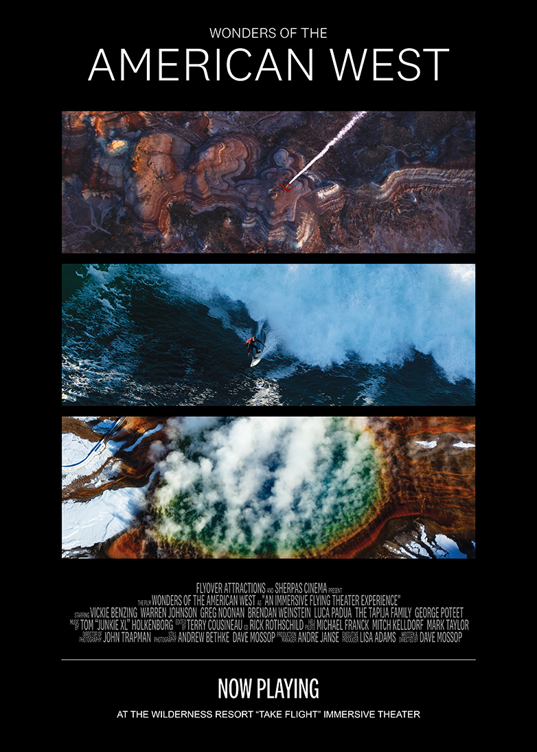 Wonders of the American West Now Playing at Take Flight. The movie poster shows three vistas and the date it will be available. For linking to movie page on Take Flight Website.