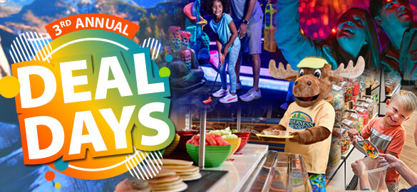 Graphic promoting the 3rd Annual Deal Days at Wilderness Resort, featuring bold “Deal Days” text over images of families enjoying arcade games and rides, a child choosing candy, buffet dining, mountain scenery, and the resort’s moose mascot.
