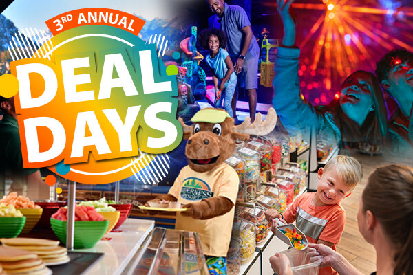 Graphic promoting the 3rd Annual Deal Days at Wilderness Resort, featuring bold “Deal Days” text over images of families enjoying arcade games and rides, a child choosing candy, buffet dining, mountain scenery, and the resort’s moose mascot.