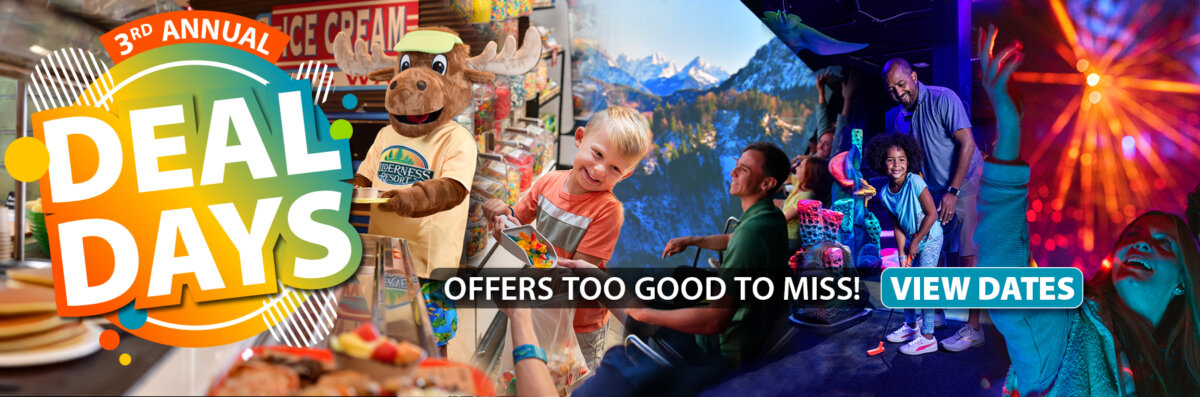 Graphic promoting the 3rd Annual Deal Days at Wilderness Resort, featuring bold “Deal Days” text over images of families enjoying arcade games and rides, a child choosing candy, buffet dining, mountain scenery, and the resort’s moose mascot, with messaging “Offers Too Good to Miss” and a “View Dates” button.