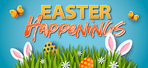 Illustration of grass with flowers, Easter eggs, and two bunnies hiding. Text that reads 