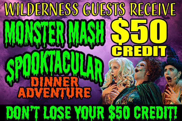 Dells Dinner Adventures Make Dinner Fun Wilderness Resort Guests $50 Credit Promo. Theater sign design background with three stage actors on the right, with the text 
