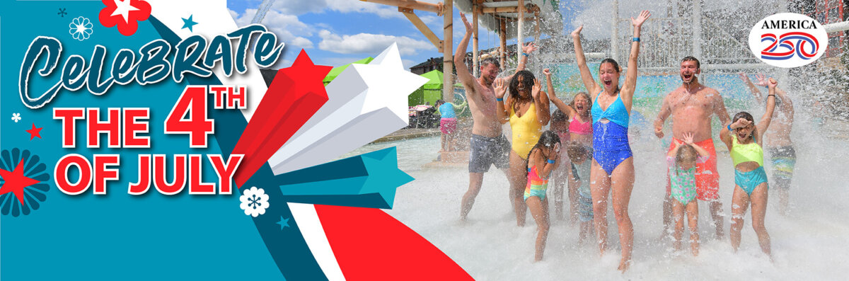 Family and kids jumping through a splash pad at an outdoor waterpark with water spraying everywhere, smiling and raising their arms. Patriotic graphics and text overlay read “Celebrate the 4th of July” with red, white, and blue stars and an America 250 logo.