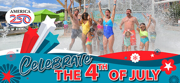 Family and kids jumping through a splash pad at an outdoor waterpark with water spraying everywhere, smiling and raising their arms. Patriotic graphics and text overlay read “Celebrate the 4th of July” with red, white, and blue stars and an America 250 logo.