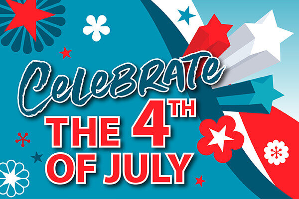Patriotic graphics and text overlay read “Celebrate the 4th of July” with red, white, and blue stars and an America 250 logo.