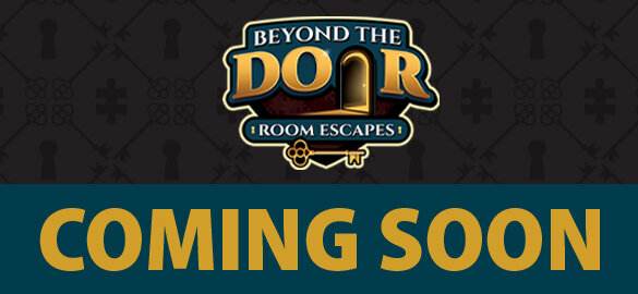 Beyond the Door attraction feature carousel image for website Wilderness Resort. Includes the Beyond the Door Room Escapes logo over top a textured dark gray background. A lower banner with the text COMING SOON.