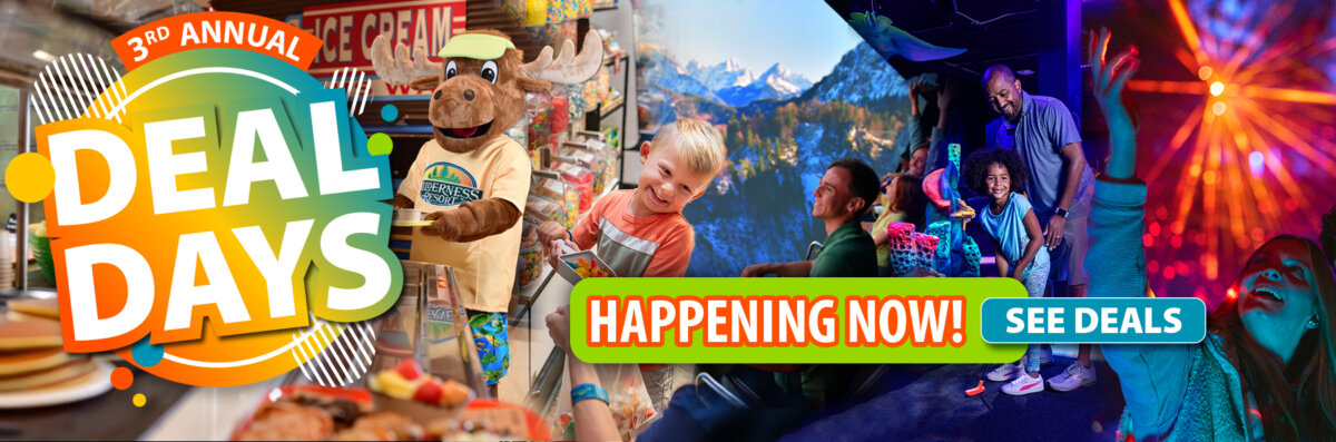 Graphic promoting the 3rd Annual Deal Days at Wilderness Resort, featuring bold “3rd Annual Deal Days - Happening Now!” text over images of families enjoying arcade games and rides, a child choosing candy, buffet dining, mountain scenery, and the resort’s moose mascot.