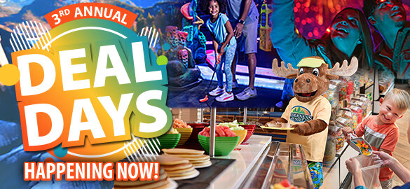 Graphic promoting the 3rd Annual Deal Days at Wilderness Resort, featuring bold “3rd Annual Deal Days - Happening Now!” text over images of families enjoying arcade games and rides, a child choosing candy, buffet dining, mountain scenery, and the resort’s moose mascot.