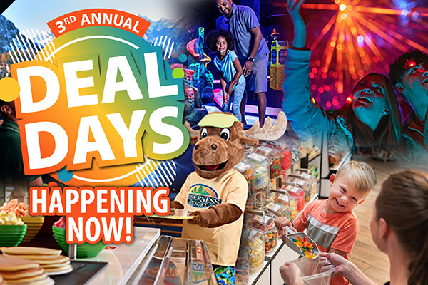 Graphic promoting the 3rd Annual Deal Days at Wilderness Resort, featuring bold “3rd Annual Deal Days - Happening Now!” text over images of families enjoying arcade games and rides, a child choosing candy, buffet dining, mountain scenery, and the resort’s moose mascot.