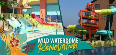 Wild WaterDome Renovation banner image for blog post on Wilderness Resort website. Shows render of a kids' water play area and a volcano-themed tube slide.