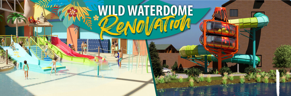 Image of kids playing at a splash pad with water slide and an exterier view of a water slide with a volcano swirl. Copy reads 