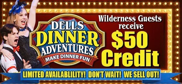 Dells Dinner Adventures Make Dinner Fun Wilderness Resort Guests $50 Credit Promo. Theater sign design background with two stage actors on the left, with the text 