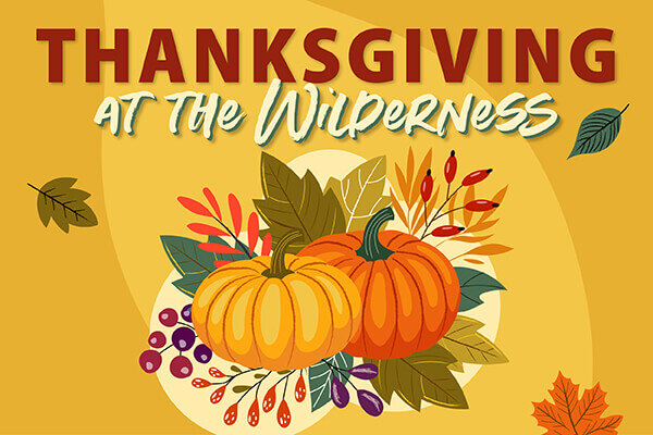 Graphic of pumpkins and leaves with the words 