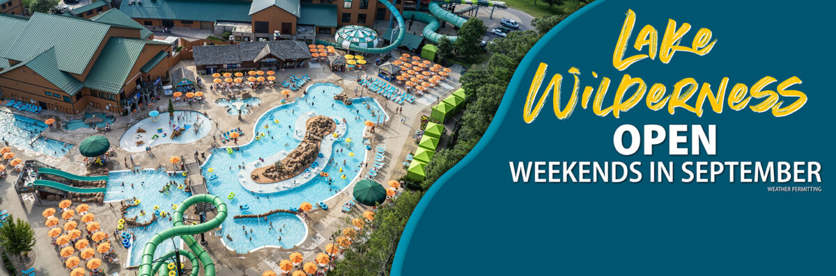 Arial view of Lake Wilderness outdoor waterpark. Lake Wilderness OPEN WEEKENDS IN SEPTEMBER. Weather Permitting.
