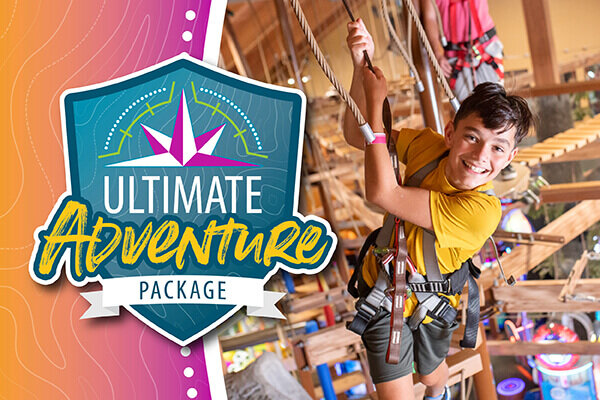 Ultimate Adventure Package featuring pizza, indoor waterpark fun, and a ropes course, with over $150 in added fun.