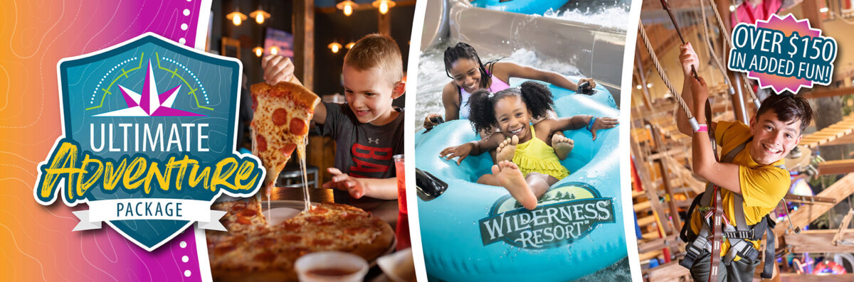 Ultimate Adventure Package featuring pizza, indoor waterpark fun, and a ropes course, with over $150 in added fun.