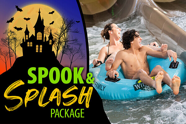 Halloween-themed banner featuring families riding colorful tubes through a water slide. Text reads, “Spook & Splash Package.”