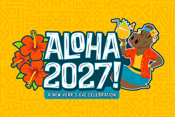 Colorful banner for Aloha 2027, a New Year’s Eve celebration, featuring a cartoon moose holding a pineapple drink.