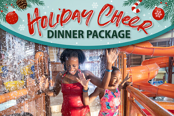 Holiday Cheer Dinner Package. Festive ornaments and snowflakes beside a family splashing at an indoor waterpark.